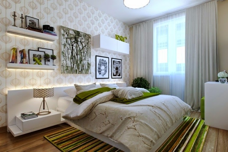 Design ideas for small bedrooms in white color with green carpet