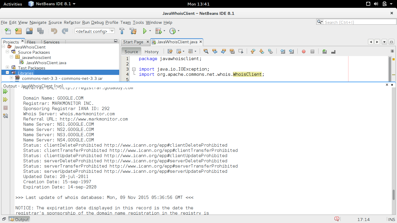 JavaBuddy Java example using WhoisClient class