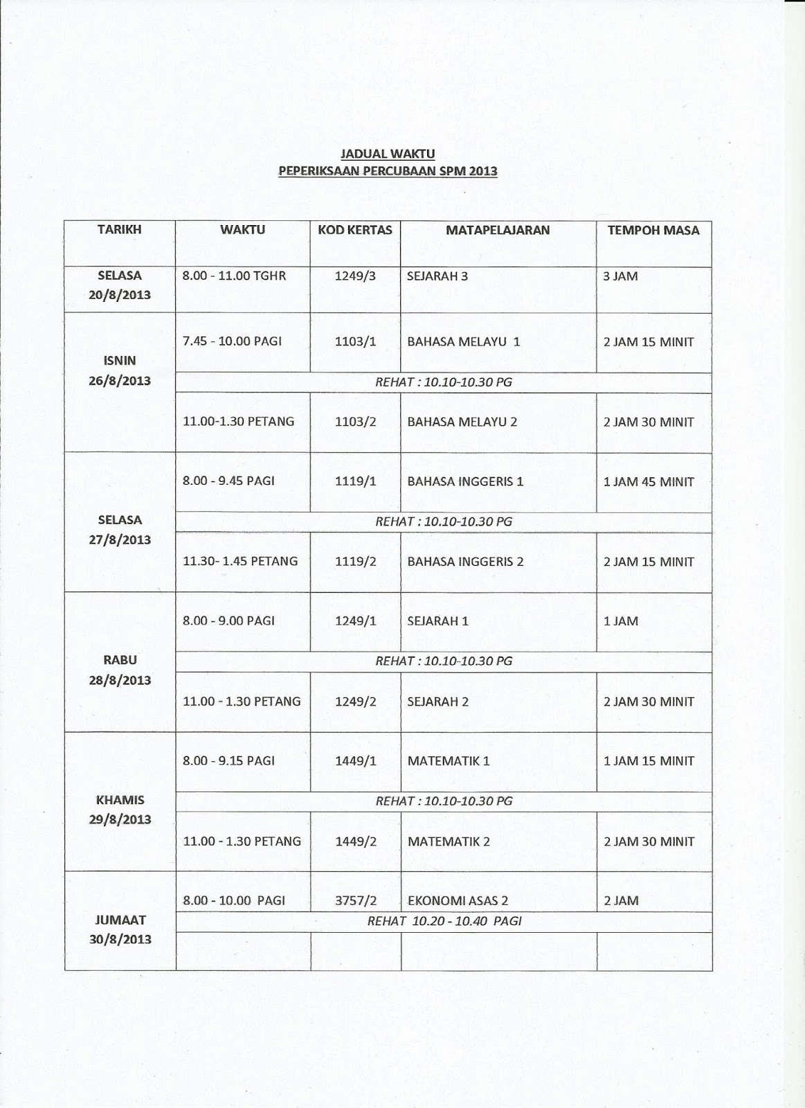 Jadual Waktu Peperiksaan Percubaan SPM 2013 SMKTDA