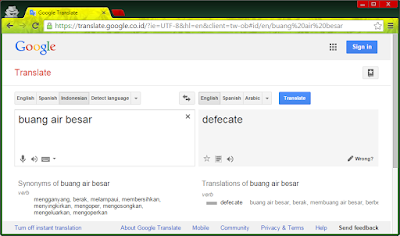 translation of buang air besar by google translate