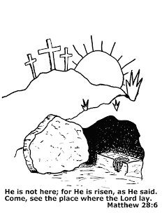 Three crosses and sun background with empty tomb of Jesus, Matthew 28 6 bible verse coloring page