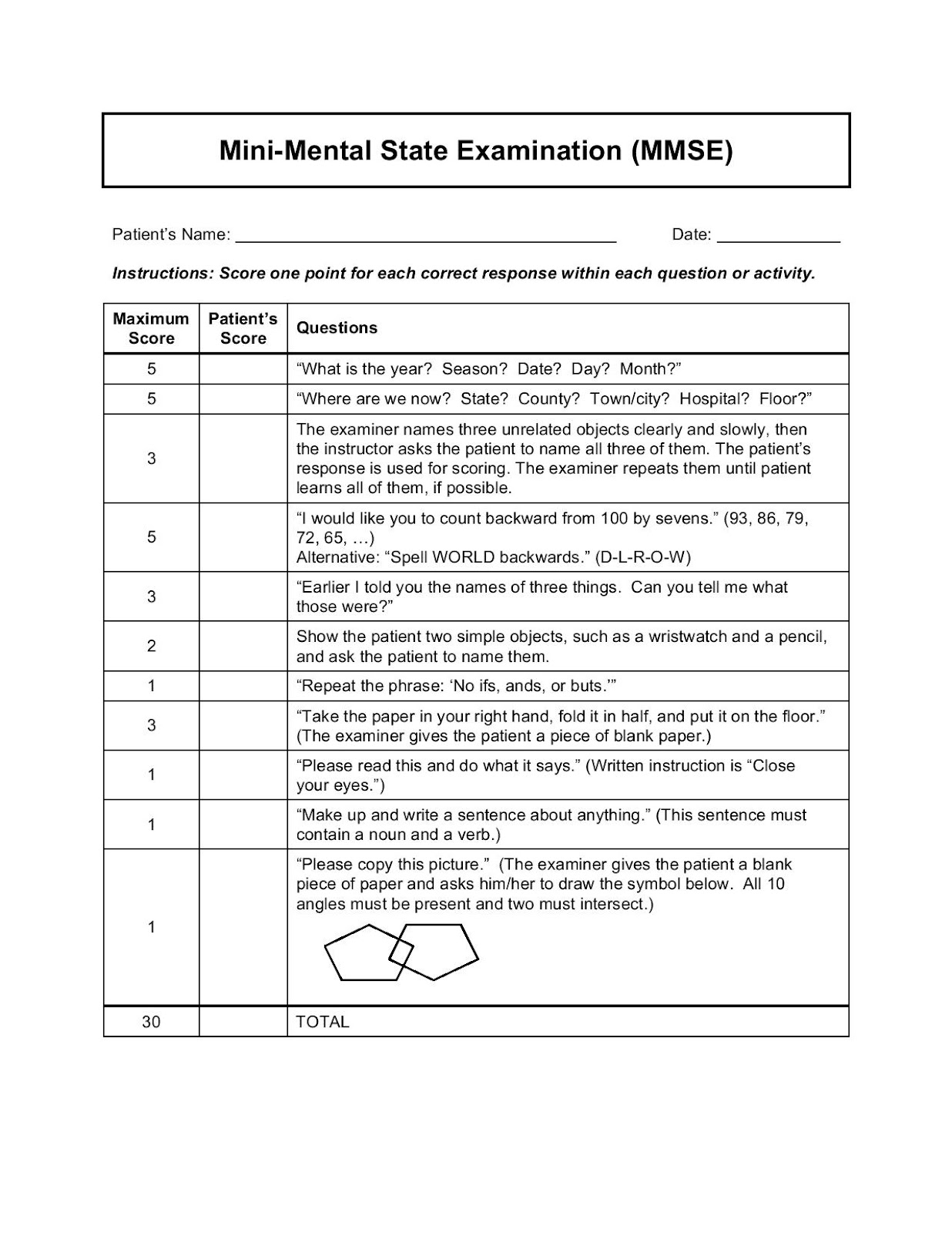 Mmse Test Form, free PDF download