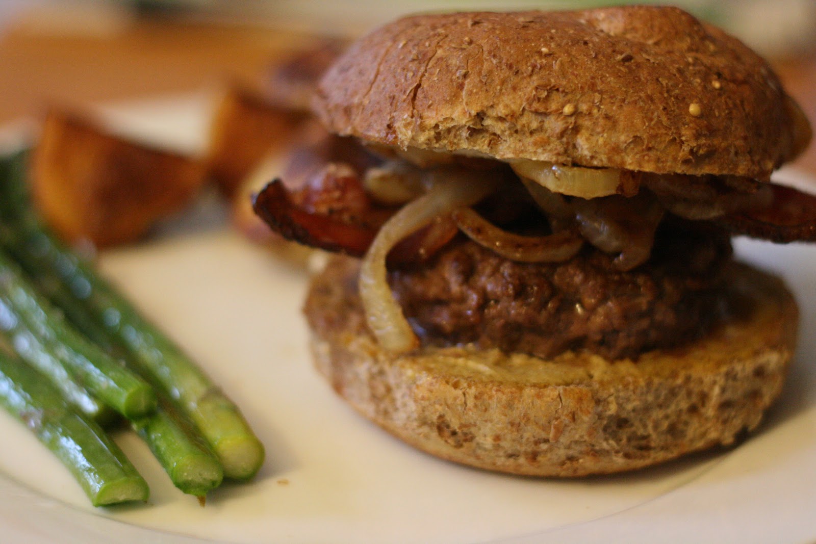 Laine's Recipe Box Goat Cheese, Caramelized Onion, and Bacon Burgers