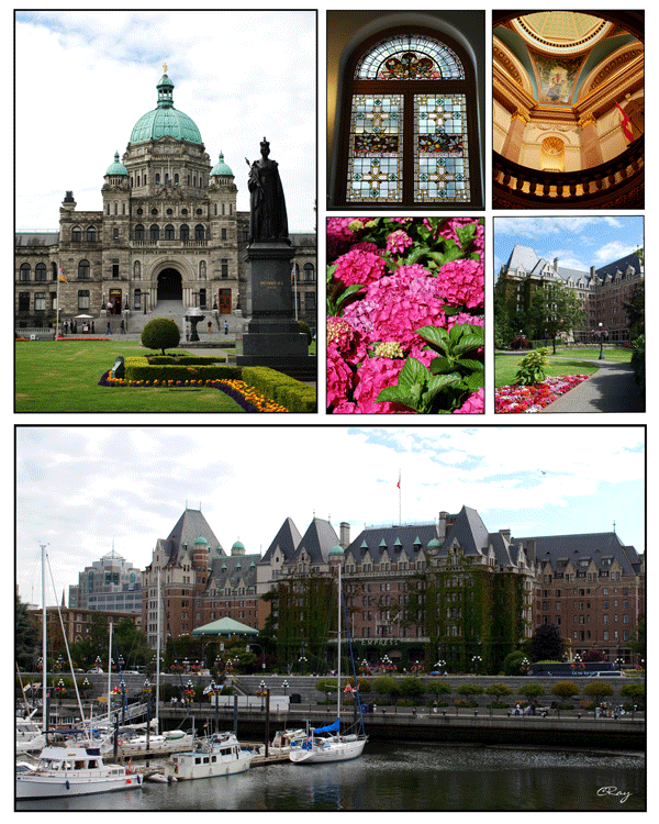 British Columbia Parliament exterior front with statue of Queen Victoria, interiors of building stained glass, ceilings, Empress Hotel exterior with sailboats in marina