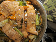 Salmon Braised with Cambray Onions and Orange Peppers