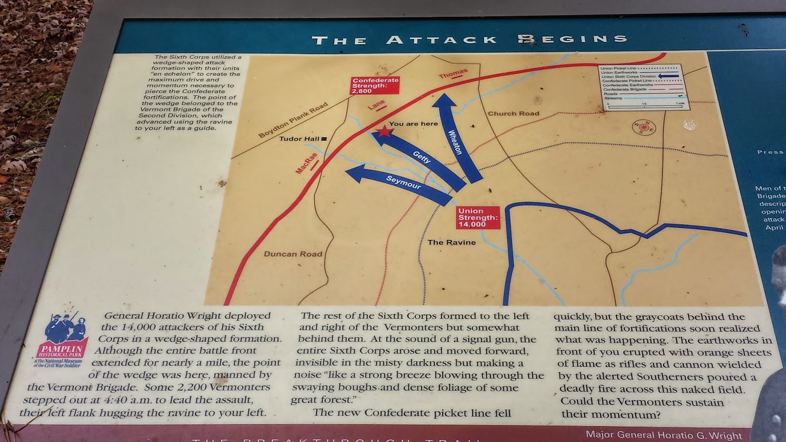the breakthrough trail there are 3 self guided loops the trail itself describes the battle that took place here on april 2 1865 the breakthrough trail there are 3 self guided loops the trail itself describes the battle that took place here on april 2 1865