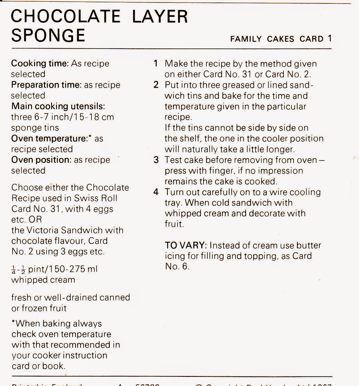 Recipe Vintage Chocolate Layer Sponge Cake 1960's