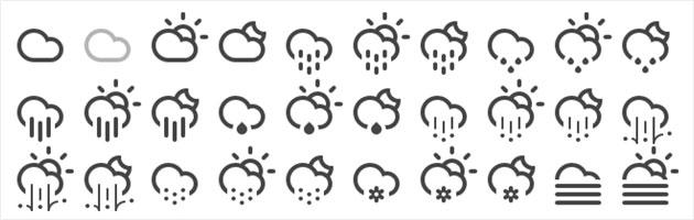 丸みのついたデザインにデフォルメされたお天気アイコンセットです。シンプルでかわいいデザインが使いやすそう。天気の種類もたくさんあります。