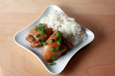 plate of shoyu chicken and rice