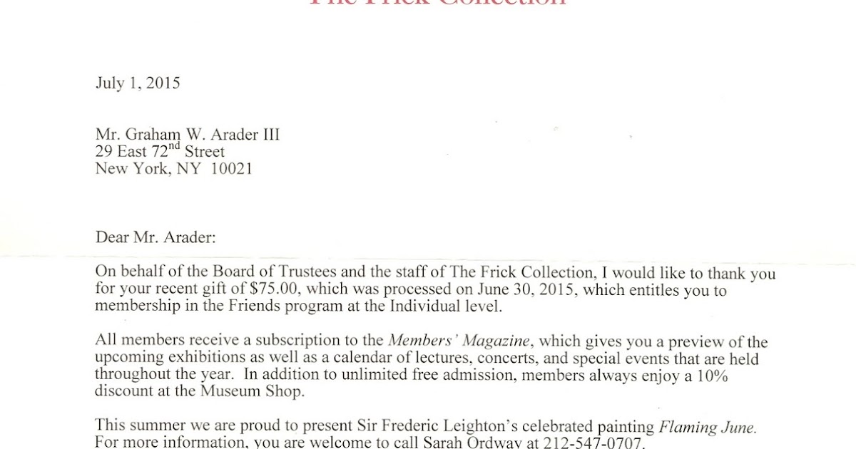Thank You letter from the Board of Trustees at the Frick Collection for