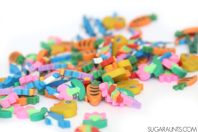 Mini-eraser patterns are a fun way to practice hands-on math with Kindergartners, and fine motor skills like in-hand manipulation.