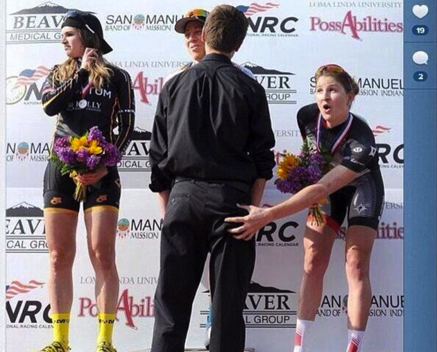 Female cyclist turns the tables by pinching man's butt at winner's podium |  XXL JERSEY