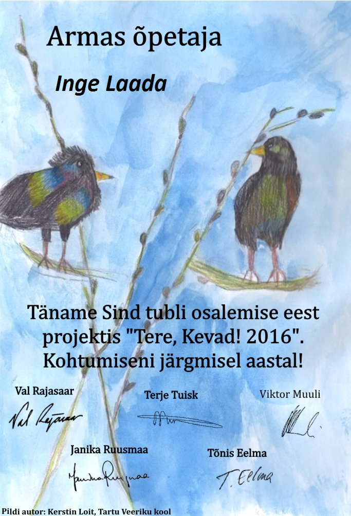 Tänukiri õpetajale "Tere, Kevad 2016"