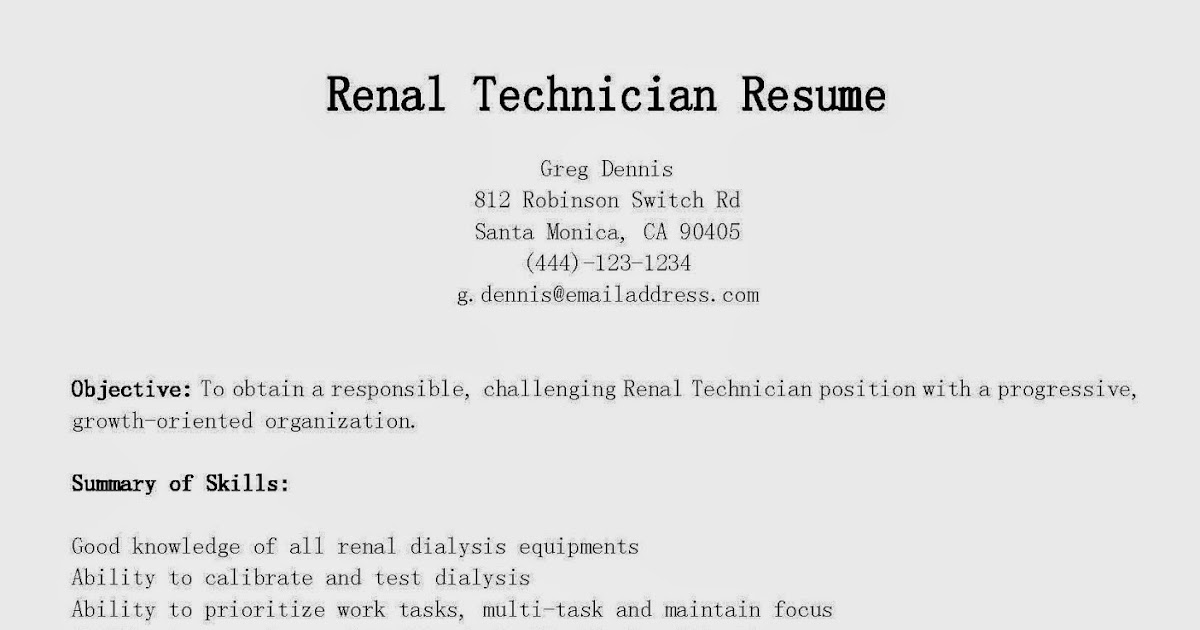 Resume Samples: Renal Technician Resume Sample