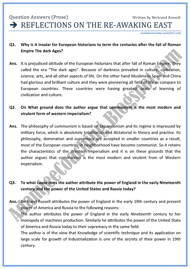Adamjee Coaching English XII [Reflections on the ReAwaking East