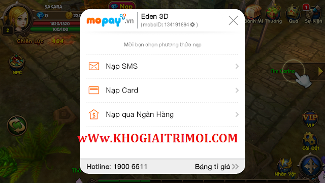 Hướng dẫn nạp kim cương trong game Eden 3D Hướng dẫn nạp kim cương trong game Eden 3D