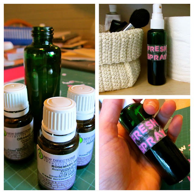Natural room fragrance collage of essential oil bottles, green glass bottle with spray top and finished product with label of 'fresh spray' on the bottle