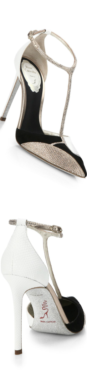 Rene Caovilla Embellished T-Strap Pumps Rene Caovilla Embellished Mixed Media T-Strap Pumps