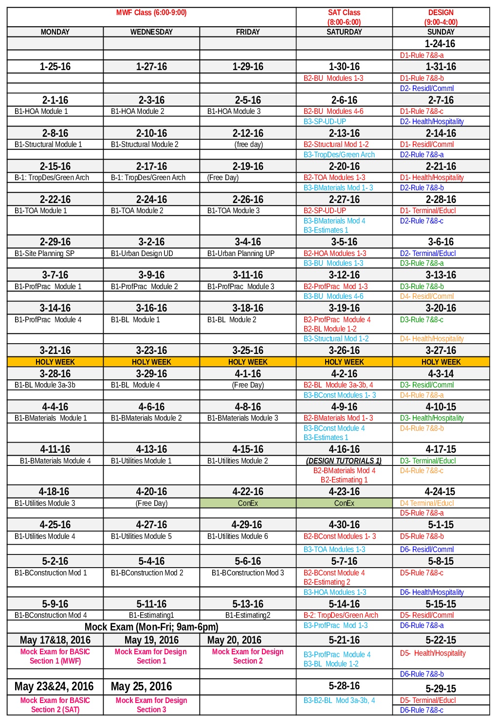 Here is the revised schedule
