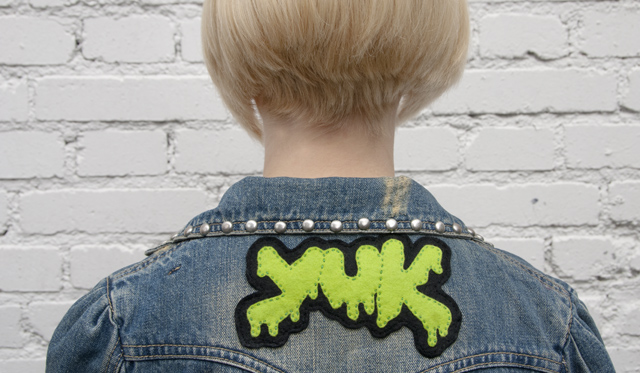 denim jacket with iron on patch from yuk clothing yuk, patch, denim, jacket