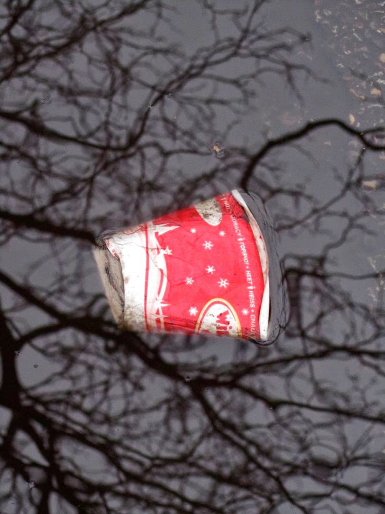 red paper cup in puddle with reflection