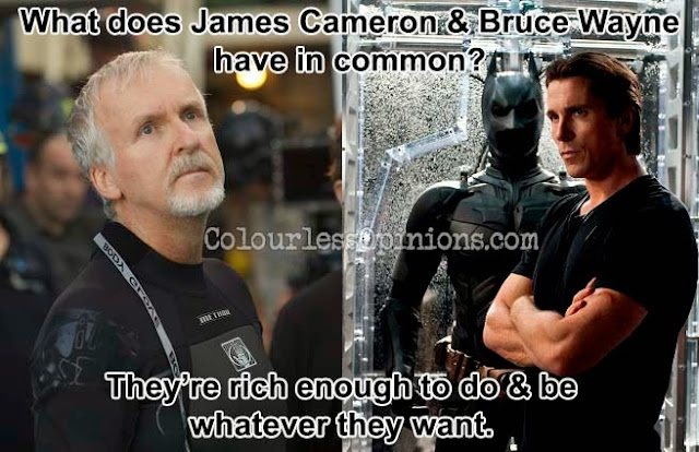 Photo on the left by Mark Thiessen/National Geographic. Caption not provided by distributor. The still on the right is from Christopher Nolan's Batman film franchise featuring Christian Bale as the titular comic hero. James Cameron vs. Bruce Wayne meme deepsea challenge