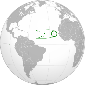 Location on the globe of Cape Verde, now known officially as Cabo Verde