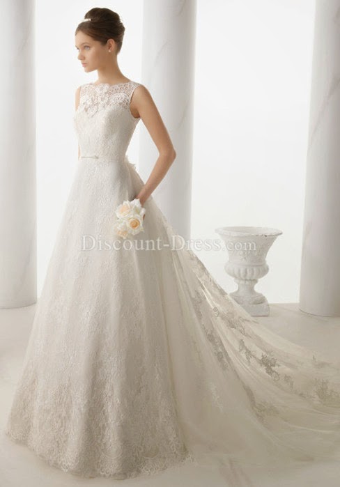  Lace Bateau Neck A line Floor Length Sleeveless Open Back Wedding Dress