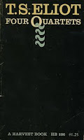 Image: The cover of The Four Quartets. The cover is entirely black except for the author's name and the title in yellow letters at the top of the cover and the publisher's name at the bottom. There are four wavy blue lines under the Q in Quartets.