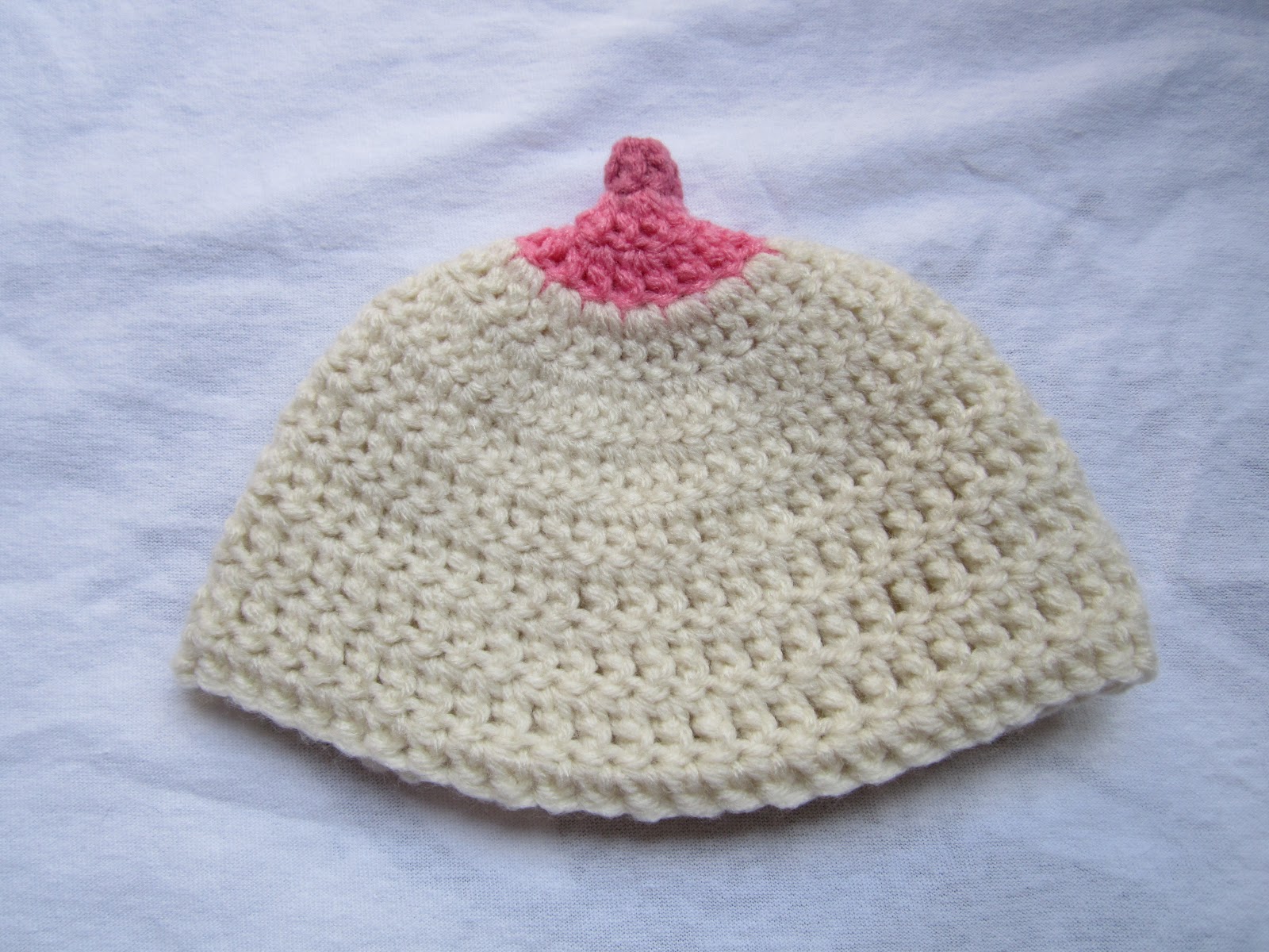Fun crocheted boobie beanie breastfeeding hat 9-12 M.