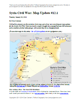 Map of fighting and territorial control in Syria's Civil War (Free Syrian Army rebels, Kurdish groups, Al-Nusra Front, ISIS/ISIL and others), updated to January 28, 2014. Includes recent locations of conflict between ISIS and other rebel groups, including Raqqa, Jarabulus, Manbij, Kafranbel, and others.