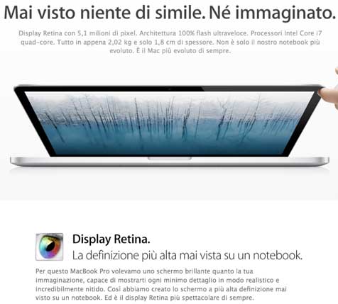 Pubblicità del nuovo MacBook Pro con schermo Retina 