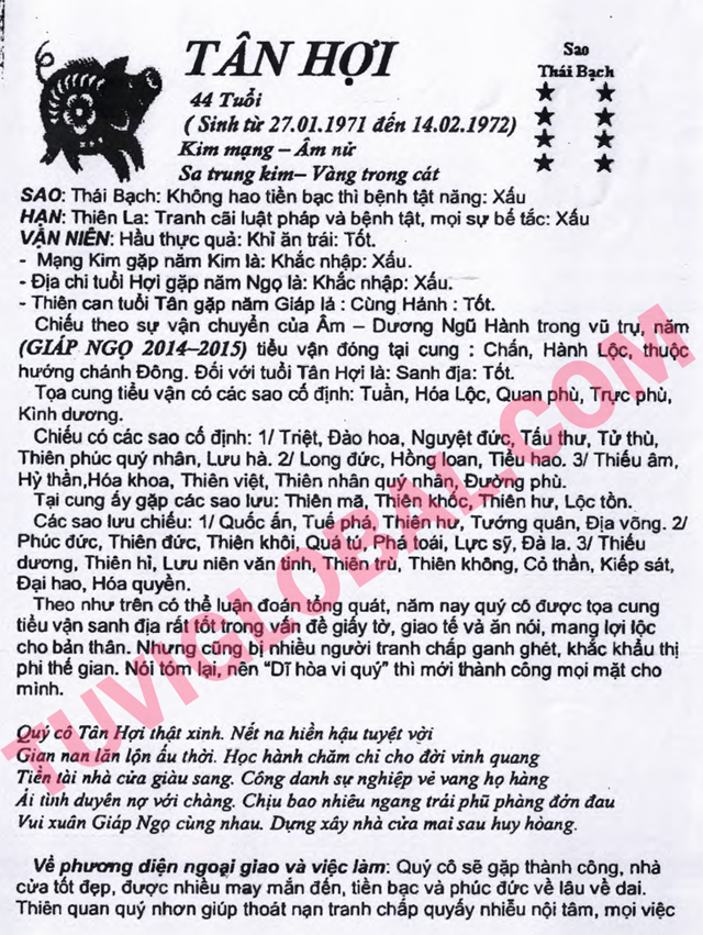 TỬ VI TUỔI TÂN HỢI 1971 NĂM 2014 GIÁP NGỌ
