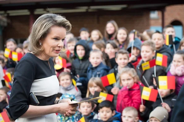 Queen Mathilde of Belgium, Federation Wallonia - Brussels Minister of Compulsory Education, School Buildings, Childhood and Culture, Joelle Milquet and Namur province governor Denis Mathen visited the Saint-Joseph school in Couvin