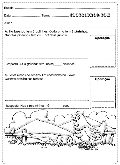 Na fazenda tem 3 galinhas. Cada uma tem 8 pintinhos quantos pintinhos tem as 3 juntas