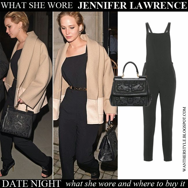 WHAT SHE WORE: Jennifer Lawrence in camel coat with black jumpsuit in  London on April 24 ~ I want her style - What celebrities wore and where to  buy it. Celebrity Style