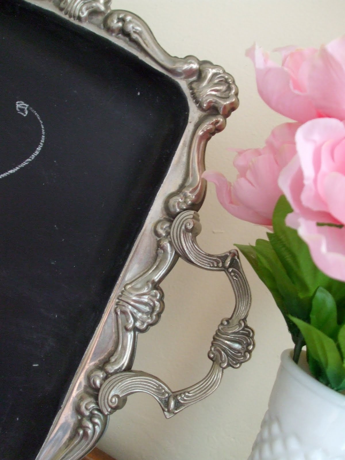 simply chic treasures Silver Tray Turned Chalkboard!