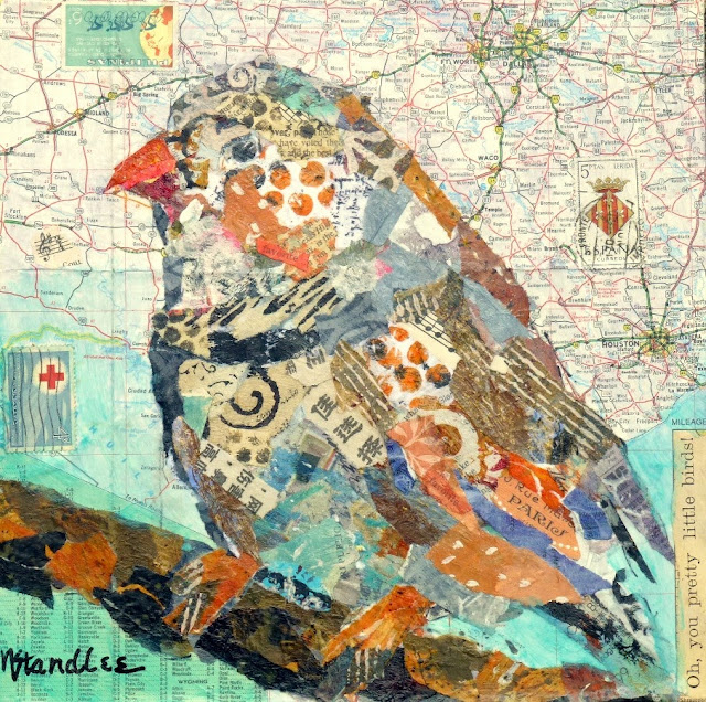 Nancy Standlee Fine Art Torn Paper Collage, Pretty Bird 13065, Day 2