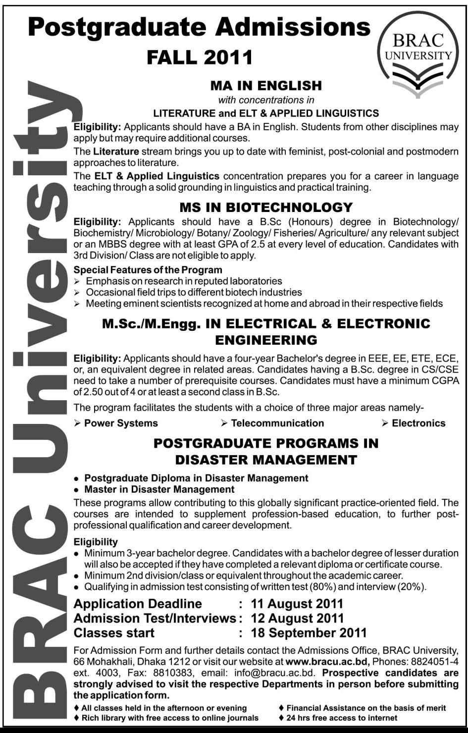 BRAC University PostGraduate Admission Fall2011 Bangla Jobs
