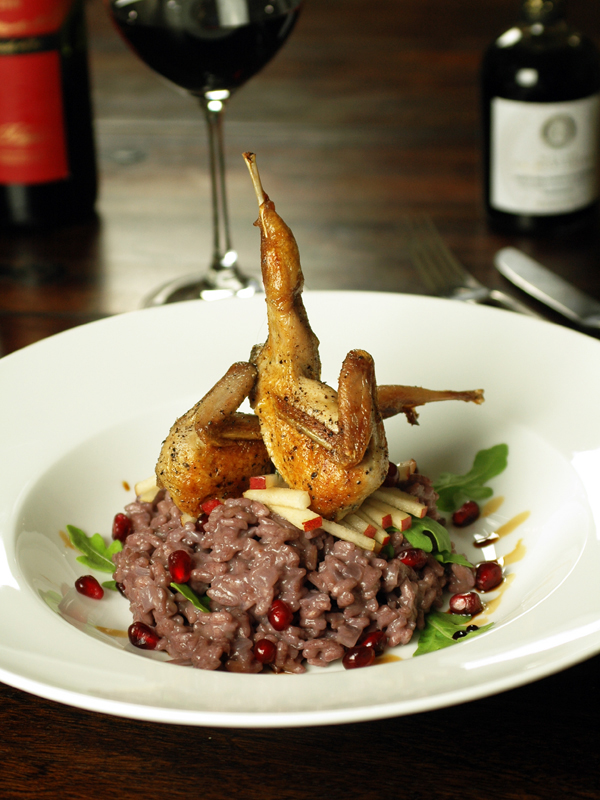 37 Cooks PanSeared Quail & Red Wine Risotto with Arugula, Anjou Pear, Pomegranate and 15 Year