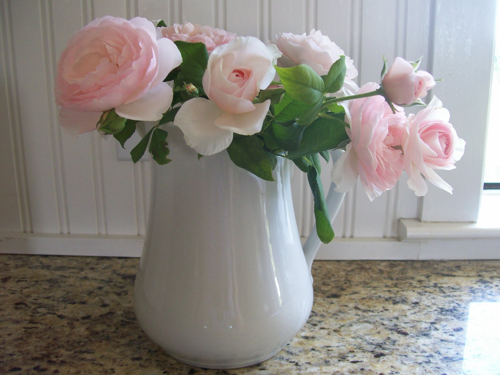 Sherri's Jubilee White Pitchers and Flowers = Beauty
