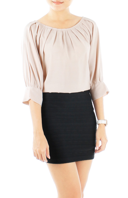 Lotus Petal Sleeve Blouse with Wide Pleat Neckline