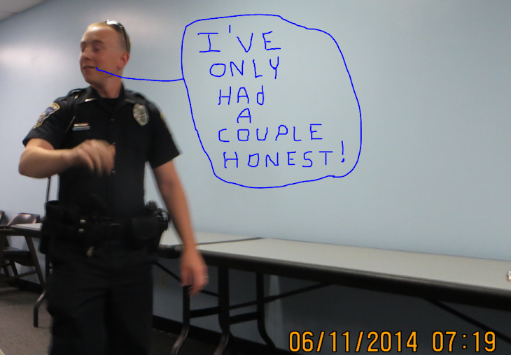 Brady Lake Village cop Tyler McClamroch aka The Beaver at a 6/11/14 BLV council meeting.
