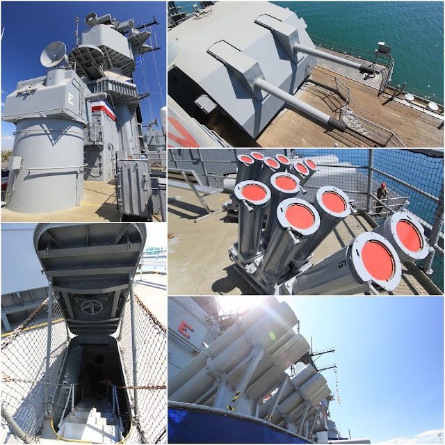 From top to bottom on the right, 16 inch Gun Armored Turrets weight 2000 tons each with ammunition and 6 missile at Battleship USS IOWA BB61 in Los Angeles, California, USA From top to bottom on the right, 16 inch Gun Armored Turrets weight 2000 tons each with ammunition and 6 missile at Battleship USS IOWA BB61 in Los Angeles, California, USA