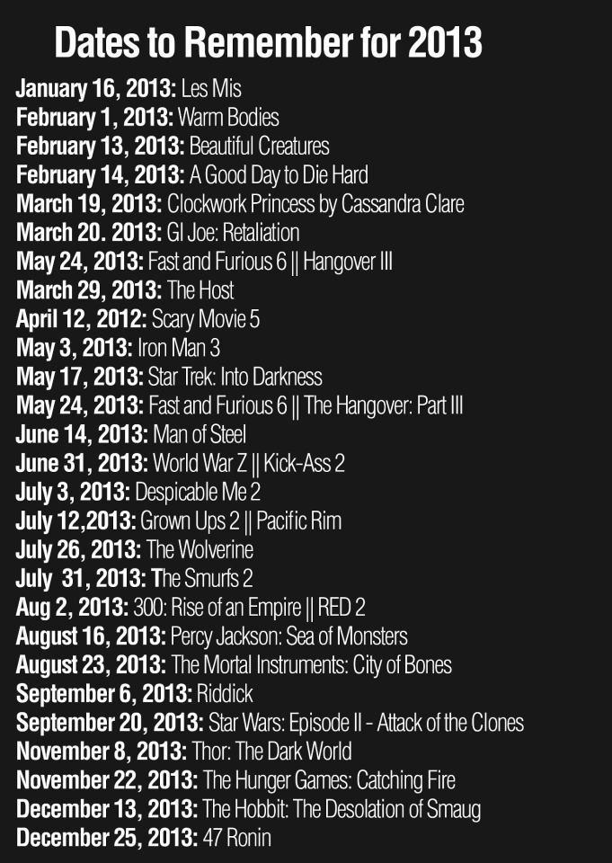 2013 list of movies to look forward to and dates