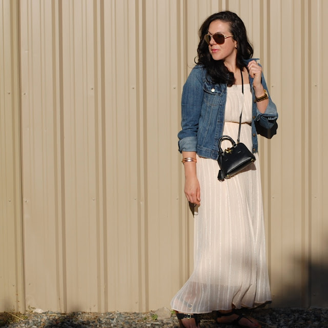 Winter white maxi dress, J.Crew jean jacket, gold aviator sunglasses and a mini crossbody Prada BL0851