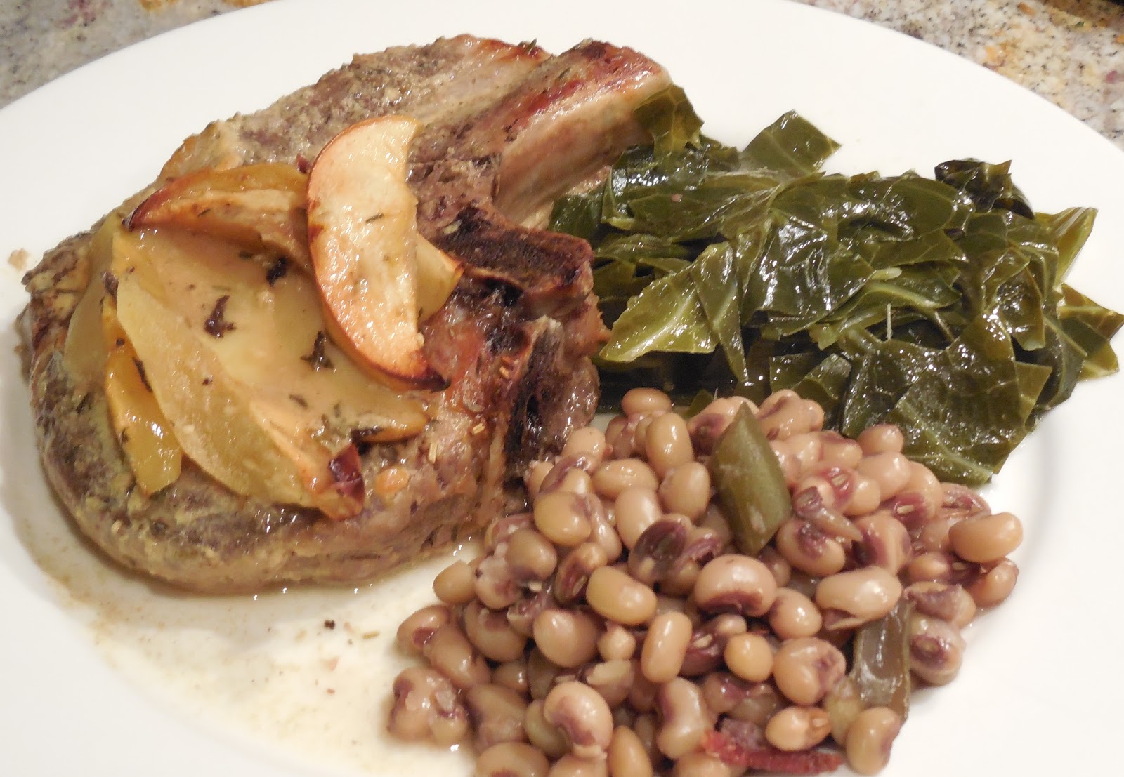 marys bites Black Eyed Peas, Collard Greens and Apple, Dijon Pork Chop