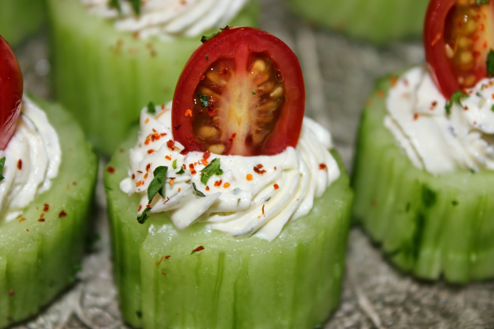 Sisters Luv 2 Cook Cucumber Bites with Herb Cream Cheese and Cherry