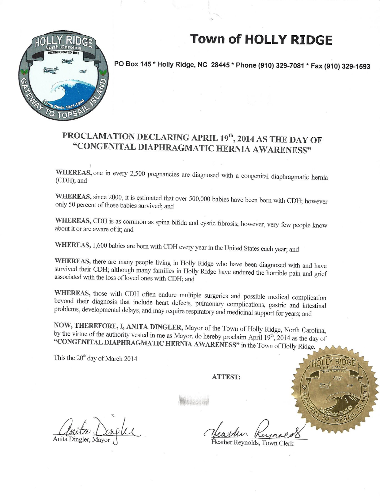Holly Ridge, North Carolina Proclaims April 19th CDH Awareness Day
