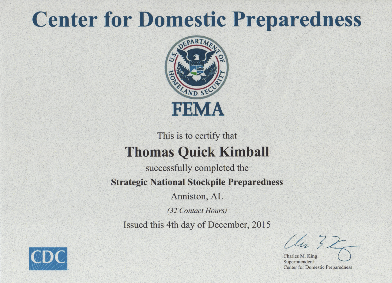 Strategic National Stockpile (SNS) Preparedness Course 16-01 SNS Nov 30th-Dec 5th 2015